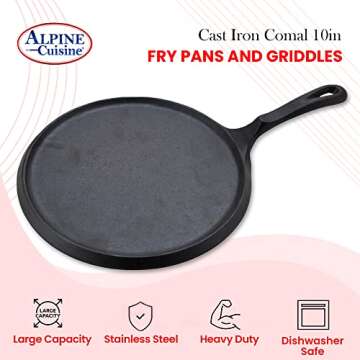 Alpine Cuisine Round Comal Cast Iron 10 Inch Seasoned Coating Black with Durable Single Handle – Comfortable Comal For Cooking, Even Heating & Versatile Kitchen Cookware Color Sleeve Bag Packing