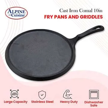 Alpine Cuisine Round Comal Cast Iron 10 Inch Seasoned Coating Black with Durable Single Handle – Comfortable Comal For Cooking, Even Heating & Versatile Kitchen Cookware Color Sleeve Bag Packing