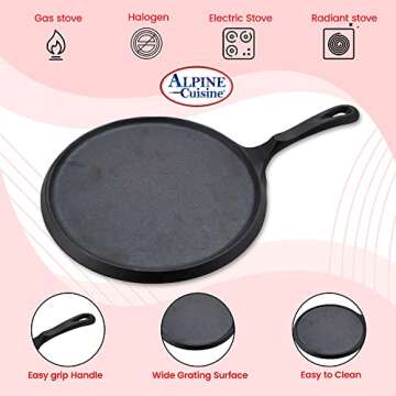 Alpine Cuisine Round Comal Cast Iron 10 Inch Seasoned Coating Black with Durable Single Handle – Comfortable Comal For Cooking, Even Heating & Versatile Kitchen Cookware Color Sleeve Bag Packing