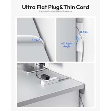 NTONPOWER Surge Protector Power Strip(1080J), Ultra Thin Flat Plug Extension Cord 5ft, 6 Widely Outlets with 3 USB Ports (1 USB C), 3 Sided Compact Power Strip for Home, Travel, College