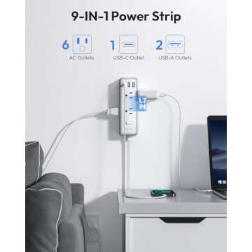 NTONPOWER Surge Protector Power Strip(1080J), Ultra Thin Flat Plug Extension Cord 5ft, 6 Widely Outlets with 3 USB Ports (1 USB C), 3 Sided Compact Power Strip for Home, Travel, College