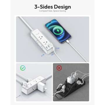 NTONPOWER Surge Protector Power Strip(1080J), Ultra Thin Flat Plug Extension Cord 5ft, 6 Widely Outlets with 3 USB Ports (1 USB C), 3 Sided Compact Power Strip for Home, Travel, College