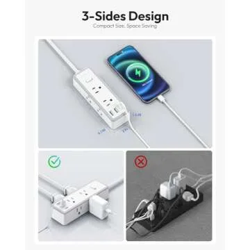 NTONPOWER Surge Protector Power Strip(1080J), Ultra Thin Flat Plug Extension Cord 5ft, 6 Widely Outlets with 3 USB Ports (1 USB C), 3 Sided Compact Power Strip for Home, Travel, College