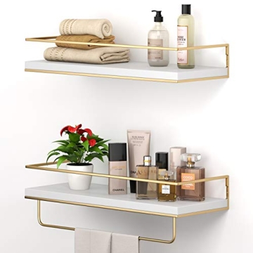 White Floating Shelves with Golden Towel Rack Set