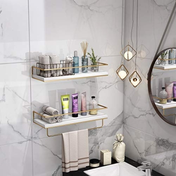 White Floating Shelves with Golden Towel Rack Set