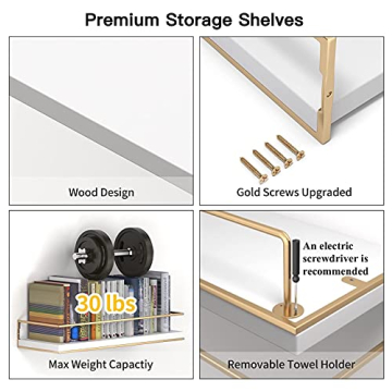 White Floating Shelves with Golden Towel Rack Set