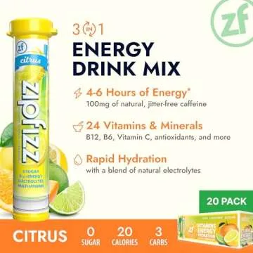 Zipfizz Daily Energy Drink Powder, Citrus, 20 Pack, 3-in-1 Sustained Energy, Rapid Hydration, and Es...