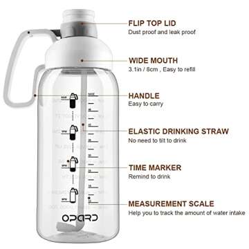 Opard Half gallon Water Bottle with Time Marker, 64oz Motivational Water Jug Large Sports Water Bottle with Straw Handle BPA Free for Gym Fitness (White)