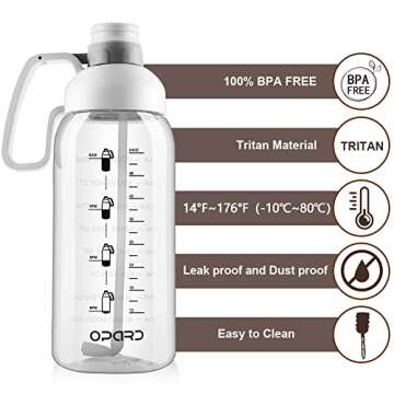 Opard Half gallon Water Bottle with Time Marker, 64oz Motivational Water Jug Large Sports Water Bottle with Straw Handle BPA Free for Gym Fitness (White)