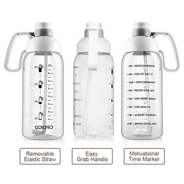 Opard Half gallon Water Bottle with Time Marker, 64oz Motivational Water Jug Large Sports Water Bottle with Straw Handle BPA Free for Gym Fitness (White)