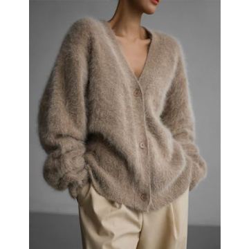 Arssm Womens Furry Cardigan Sweater Long Sleeve Cardigans Button Down V Neck Fluffy Knit Top Fashion 2024 Knitwear(Khaki-M), Medium