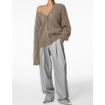 Arssm Womens Furry Cardigan Sweater Long Sleeve Cardigans Button Down V Neck Fluffy Knit Top Fashion 2024 Knitwear(Khaki-M), Medium