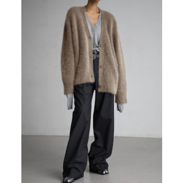Arssm Womens Furry Cardigan Sweater Long Sleeve Cardigans Button Down V Neck Fluffy Knit Top Fashion 2024 Knitwear(Khaki-M), Medium