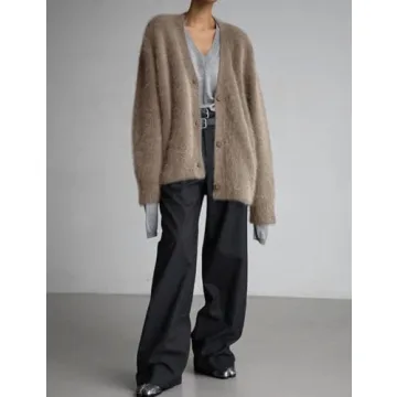 Arssm Womens Furry Cardigan Sweater Long Sleeve Cardigans Button Down V Neck Fluffy Knit Top Fashion 2024 Knitwear(Khaki-M), Medium