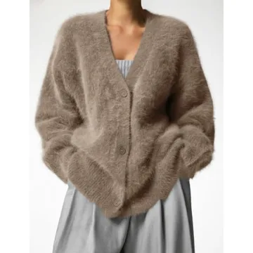 Arssm Womens Furry Cardigan Sweater Long Sleeve Cardigans Button Down V Neck Fluffy Knit Top Fashion 2024 Knitwear(Khaki-M), Medium