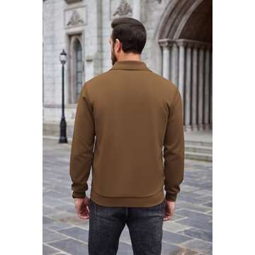 COOFANDY Men's Quilted Quarter Zip Pullover Long Sleeve Fashion Casual Slim Fit Polo Sweatshirt with Kangroo Pocket Brown
