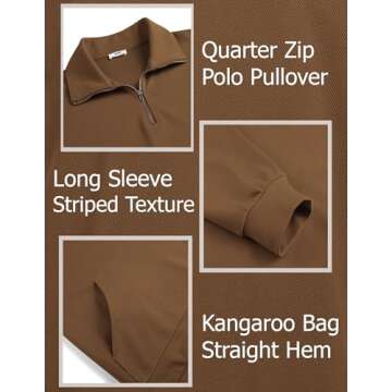 COOFANDY Men's Quilted Quarter Zip Pullover Long Sleeve Fashion Casual Slim Fit Polo Sweatshirt with Kangroo Pocket Brown