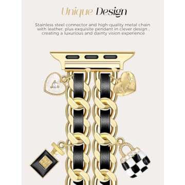 Newlibery Gold Watch Bands for Women Compatible with Apple Watch Band 38mm 40mm 41mm 42mm (S10) Adjustable Unique Charms Metal Strap Cowboy Chain Bracelet for iWatch Series 10/9/8/7/6/5/4/3/2/1/SE