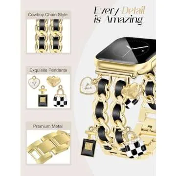 Newlibery Gold Watch Bands for Women Compatible with Apple Watch Band 38mm 40mm 41mm 42mm (S10) Adjustable Unique Charms Metal Strap Cowboy Chain Bracelet for iWatch Series 10/9/8/7/6/5/4/3/2/1/SE