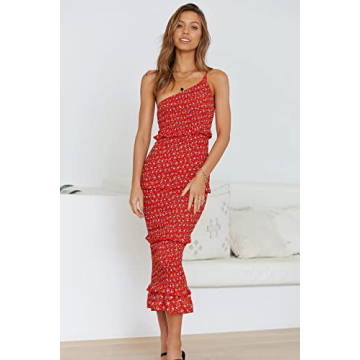 PRETTYGARDEN Women's Summer Midi Bodycon Dresses One Shoulder Strappy Tiered Ruffle Floral Boho Sun Dress (Red Floral,Medium)