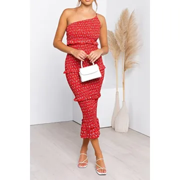 PRETTYGARDEN Women's Summer Midi Bodycon Dresses One Shoulder Strappy Tiered Ruffle Floral Boho Sun Dress (Red Floral,Medium)