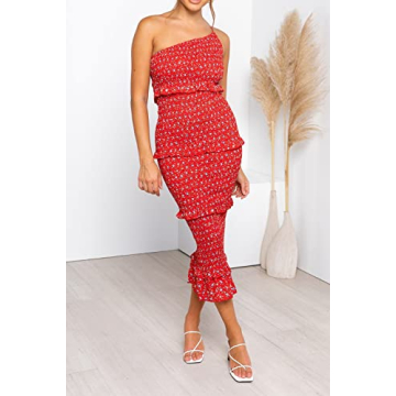 PRETTYGARDEN Women's Summer Midi Bodycon Dresses One Shoulder Strappy Tiered Ruffle Floral Boho Sun Dress (Red Floral,Medium)