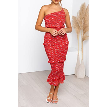 PRETTYGARDEN Women's Summer Midi Bodycon Dresses One Shoulder Strappy Tiered Ruffle Floral Boho Sun Dress (Red Floral,Medium)