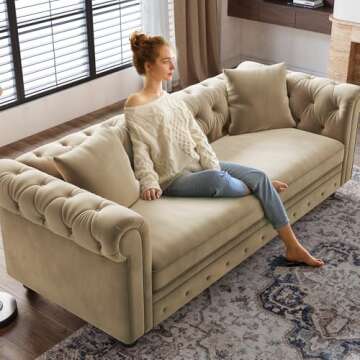 ONBRILL Chesterfield Sofa, 82 Inch Button Tufted Couch with Rolled Arms, Velvet Fabric Couch w/2 Thr...
