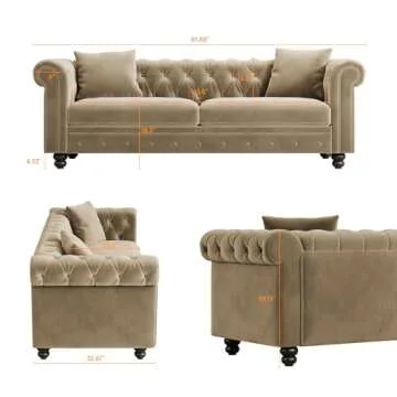 ONBRILL Chesterfield Sofa, 82 Inch Button Tufted Couch with Rolled Arms, Velvet Fabric Couch w/2 Throw Pillows, Turned Wood Legs, 23" Deep Seat Cushion, Comfy Loveseat Sofa for Living Room, Taupe