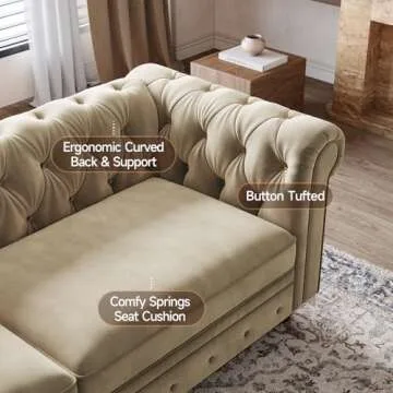 ONBRILL Chesterfield Sofa, 82 Inch Button Tufted Couch with Rolled Arms, Velvet Fabric Couch w/2 Throw Pillows, Turned Wood Legs, 23" Deep Seat Cushion, Comfy Loveseat Sofa for Living Room, Taupe