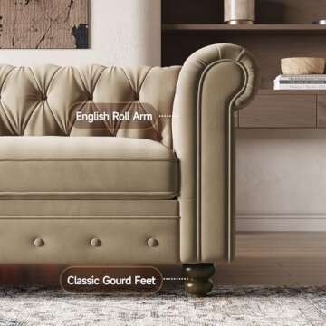 ONBRILL Chesterfield Sofa, 82 Inch Button Tufted Couch with Rolled Arms, Velvet Fabric Couch w/2 Throw Pillows, Turned Wood Legs, 23" Deep Seat Cushion, Comfy Loveseat Sofa for Living Room, Taupe