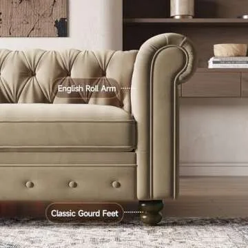 ONBRILL Chesterfield Sofa, 82 Inch Button Tufted Couch with Rolled Arms, Velvet Fabric Couch w/2 Throw Pillows, Turned Wood Legs, 23" Deep Seat Cushion, Comfy Loveseat Sofa for Living Room, Taupe