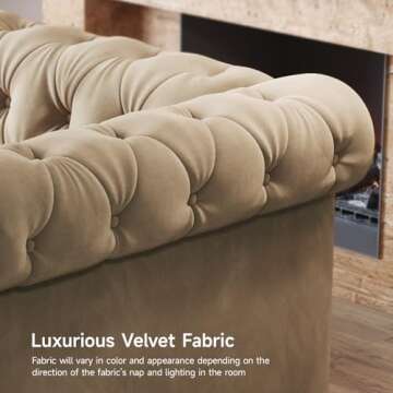 ONBRILL Chesterfield Sofa, 82 Inch Button Tufted Couch with Rolled Arms, Velvet Fabric Couch w/2 Throw Pillows, Turned Wood Legs, 23" Deep Seat Cushion, Comfy Loveseat Sofa for Living Room, Taupe