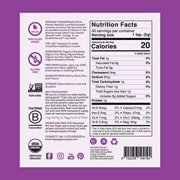 Your Super Forever Beautiful Superfood Powder - Glowing Skin, Healthy Hair, Hormone Balance, Antioxidants, Adaptogens- Plant Based, Organic Acai Berry, Maqui, Acerola Cherry, Maca Powder - 40 Servings