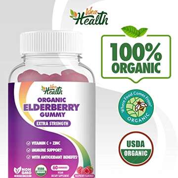Idea Health Organic USDA Certified Elderberry Gummy - Extra Strength Formula - Non-GMO and Gluten Free - Sambucus Elderberry Gummies, Immune Support Supplement | 120 Gummies 2 Pack