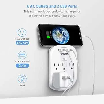 6-Outlet Surge Protector, Wall Outlet Extender Multi Plug Outlet Wall Adapter with 2 USB Charging Ports 2.4 A, 490 Joules, ETL Listed for Home, School, Office