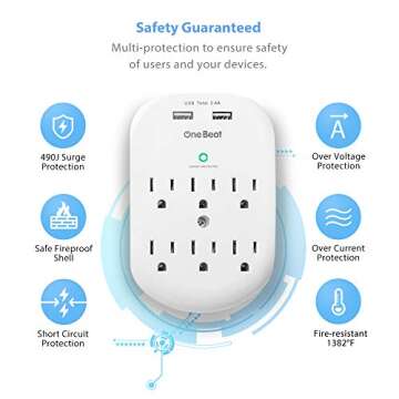 6-Outlet Surge Protector, Wall Outlet Extender Multi Plug Outlet Wall Adapter with 2 USB Charging Ports 2.4 A, 490 Joules, ETL Listed for Home, School, Office