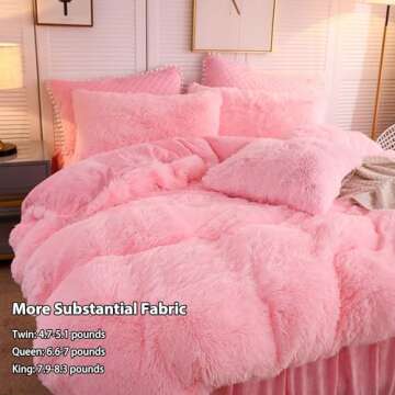 LIFEREVO Luxury Plush Shaggy Duvet Cover Set, Soft Velvet Fluffy Furry Duvet Cover Set(1 Faux Fur Fuzzy Comforter Cover + 2 Pom Poms Pillowcases) Solid Bedding Set, Zipper Closure(Full/Queen, Pink)