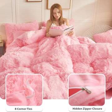 LIFEREVO Luxury Plush Shaggy Duvet Cover Set, Soft Velvet Fluffy Furry Duvet Cover Set(1 Faux Fur Fuzzy Comforter Cover + 2 Pom Poms Pillowcases) Solid Bedding Set, Zipper Closure(Full/Queen, Pink)