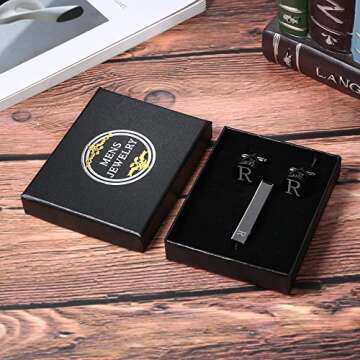 LOYALLOOK Personalized Black Initial R Cufflinks and Tie Bar Set for Men