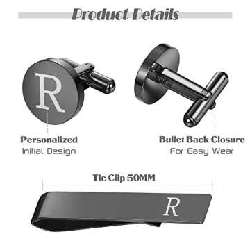 LOYALLOOK Black Initial R Cufflinks & Tie Clip for Men