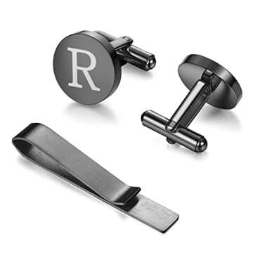 LOYALLOOK Black Initial R Cufflinks & Tie Clip for Men