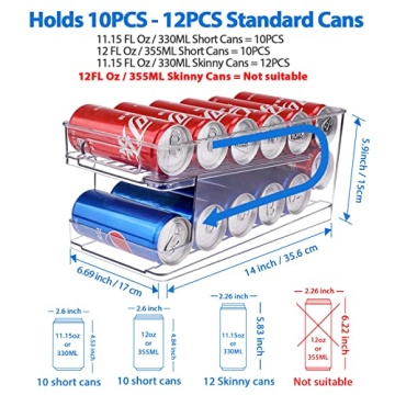 BingoHive Rolling Soda Can Organizer for Refrigerator Can Dispenser for Beer Soda Seltzer Pop Can Soda Organizer for 10 Standard Size 11.15oz or 12oz Cans Holder Storage Pantry Organization
