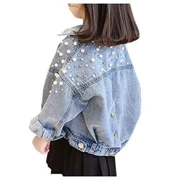 SCOFEEL Girls Denim Jacket with Pearls for Kids