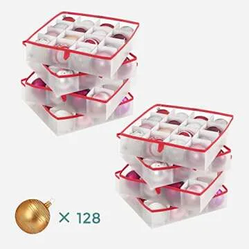 SONGMICS Large Christmas Ornament Storage Boxes, 3-Inch Balls, 8 Trays, 128 Slots, Plastic Christmas Storage Container with Lid, Dual Zippers, Side Handles, Cherry Red URFB029T01