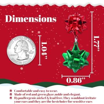 Christmas Earrings For Women Dangle Jewelry: Red And Green Christmas Bow Earrings Festive Christmas ...