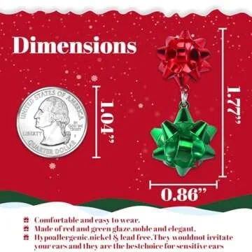 Christmas Earrings For Women Dangle Jewelry: Red And Green Christmas Bow Earrings Festive Christmas ...