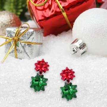 Christmas Earrings For Women Dangle Jewelry: Red And Green Christmas Bow Earrings Festive Christmas Earrings Holiday Earrings Dangling Xmas Drop Earrings Christmas Jewelry Gifts Christmas Ball Earring