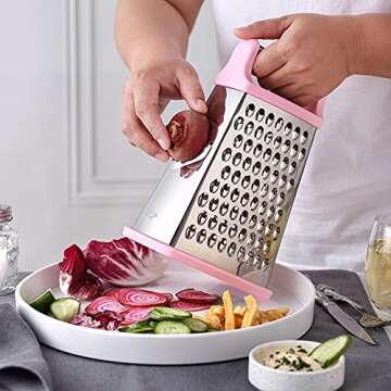 Spring Chef Professional Stainless Steel XL Parmesan Cheese Grater with Handle - 4 Sided Box Grater for Kitchen - Dishwasher Safe Carrot Shredder for Potato, Vegetables, Ginger - Pink Lemonade