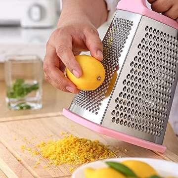 Spring Chef Professional Stainless Steel XL Parmesan Cheese Grater with Handle - 4 Sided Box Grater for Kitchen - Dishwasher Safe Carrot Shredder for Potato, Vegetables, Ginger - Pink Lemonade